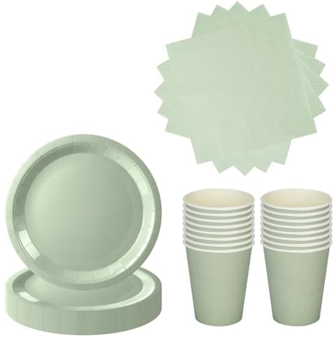 52 Pcs Sage Party Tableware Set - Green Paper Plates, Cups & Napkins for Her, Girls, Women - Birthday, Wedding, Baby Shower