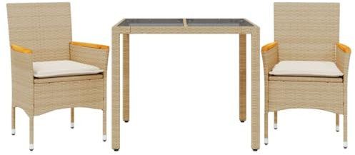 vidaXL Garten Essgruppe 3-TLG., Gartenmöbel Set mit Kissen, Gartengarnitur Tisch 2 Stühle, Lounge Sitzgruppe Sitzgarnitur, Beige Poly Rattan Glas
