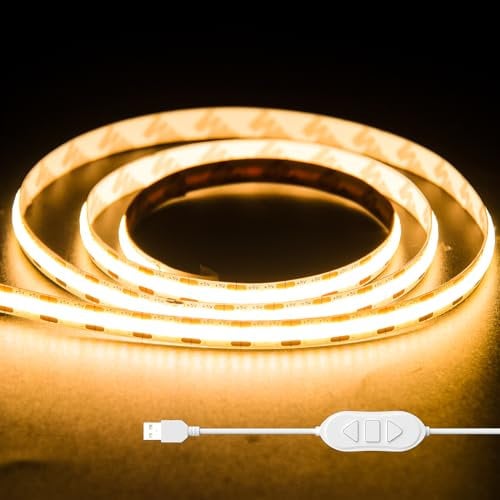 OULARA USB Bande LED COB 5V Chaud Blanc 2700K 1M, Dimmable Densité 320LEDs Ruban Lumineuse LED COB Flexible Découpable Bande LED Pour TV Rétroéclairage, Armoire, Chambre, Éclairage Maison DIY
