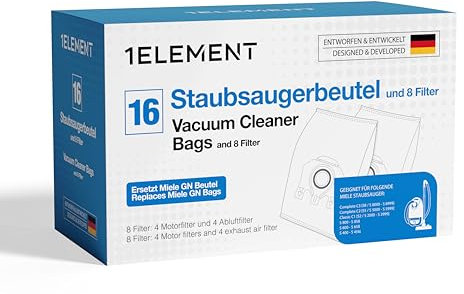 16 bolsas para aspiradora Miele [Complete C2 & C3, Classic C1] Sustituye a GN con 4 filtros de motor y 4 de escape [S8000, S5000, S2000, S800 y S600 Serie] sustituye a 9917730 12281680 1179855 20 S8