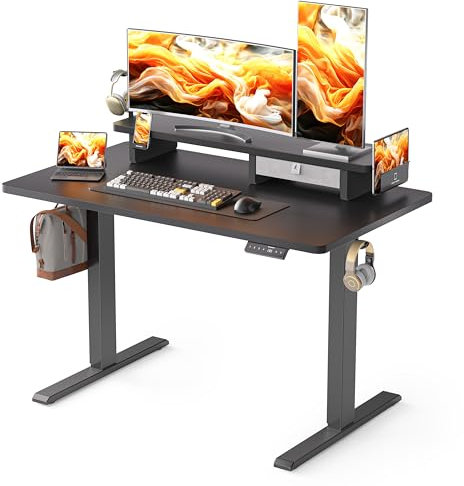 WALKINGDESK Höhenverstellbarer Schreibtisch Elektrisch mit Schubladen, 100 x 60 cm Stehpult mit Monitorständer und Handyhalter, Tisch Höhenverstellbar für Home Office Büro, 3 Haken, Schwarz