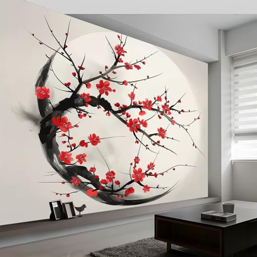 Papier Peint Intissé Peinture Chinoise Prunier 500 x 280 cm (L x H), Décoration Murale Poster Tableaux Muraux Tapisserie Papier peint Photo Gris Clair pour Salon Chambre de Enfants Décor Fond TV