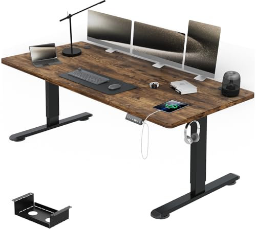 Airfish Höhenverstellbarer Schreibtisch mit USB-Buchse, Elektrisch Schreibtisch mit Kabelwanne, Computertisch, Bürotisch, Stehpult mit Erinnerung an sitzende Tätigkeiten, 180 x 80 cm, Vintage-Braun