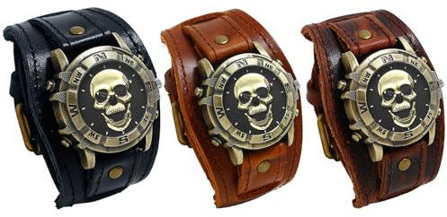 JewelryWe Herrenuhr Totenkopf Echtleder Uhr: 3 Stück Vintage Steampunk Gold Gothic Schädel Armbanduhr Herren Breit Lederarmband Biker Sport Lässige Uhr für Männer Halloween Party