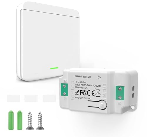 YushengTai Interruttore radio, 10 A, 230 V, set di interruttori della luce radio per lampada, pulsante radio con ricevitore interruttore 200 – 2000 W, facile da installare, bianco (1 + 1 set)