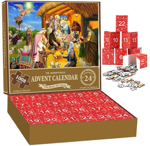 Christmas Advent Calendar 2024, 1008 Pieces Jigsaw Puzzle, 24 Days The Birth of Jesus Christmas Countdown Calendar, Advent Calendar Puzzle for Adult Kids, Jigsaw Puzzles