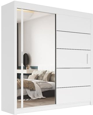 Serenity Selection Modern Wardrobe with FULL Length One Side Mirror- 2 & 3 Sliding Doors wardrobe, Adjustable Shelves, Hanging Rails, and Ample Storage Space - Stylish Bedroom Furniture (White, 180cm)