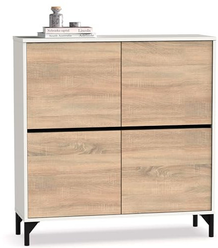 briebe Zapatero Entrada Recibidor, Mueble Auxiliar de Madera para Zapatos, 4 Puertas, 101x96,5x33 cm (Alto x Ancho x Profundo) 20 Pares Aproximadamente, Harmony Roble Cambrian/Blanco