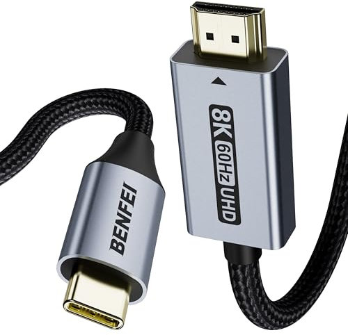 BENFEI Câble USB C vers HDMI 2.1 (8K@60Hz, 4K@240Hz, 1.8M, coque aluminium, tresse nylon) Compatible avec iPhone 16/15 Pro/Max, MacBook Pro/Air 2023, iPad Pro, Surface Book 2 En savoir plus