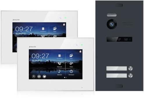 SCHUTZER Balter EVO 2-Draht Bus Video Türsprechanlage Komplettsystem mit 150° Weitwinkelkamera, 2 Klingeltasten 7 Touchscreen-Monitor (Schwarz/Weiß ohne Wi-Fi, 2 Familienhaus)