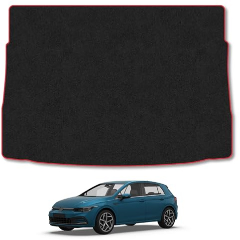 VW Golf (2020+) Carpet Boot Mat | Red Edge Trim Tailored Fit Boot Liner Full Coverage Protection Accessories Easy Clean Anti Slip Made in the UK