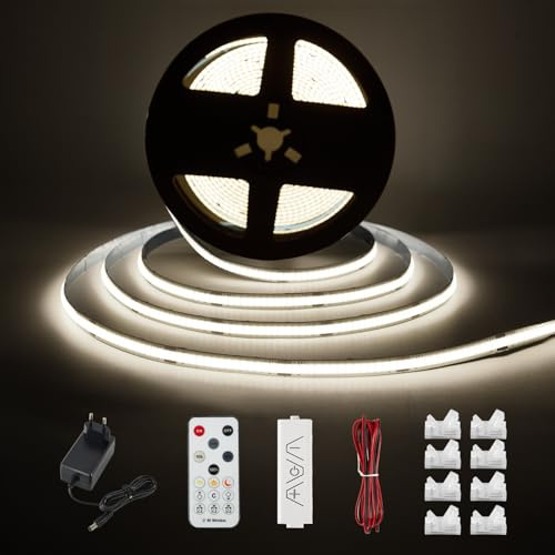 Enteenly COB LED Unterbauleuchte Schrankleuchte, 5m Weiß LED Streifen,Schrank Licht, Lichtleiste mit RF Fernbedienung, LED Strip Dimmbar, für Regale,Vitrinen,Küchenlicht, 24V EU Adapter, 6500K