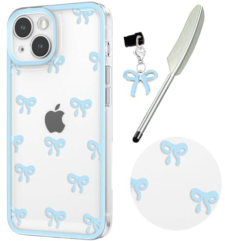 Knoowcase Case for iPhone 14, Cute Bowknot Pattern Clear Soft TPU Shockproof Phone Case for Women Girls, Slim Fit Silicone Bumper Shell Drop-Protection Transparent Cover for iPhone 14,Blue