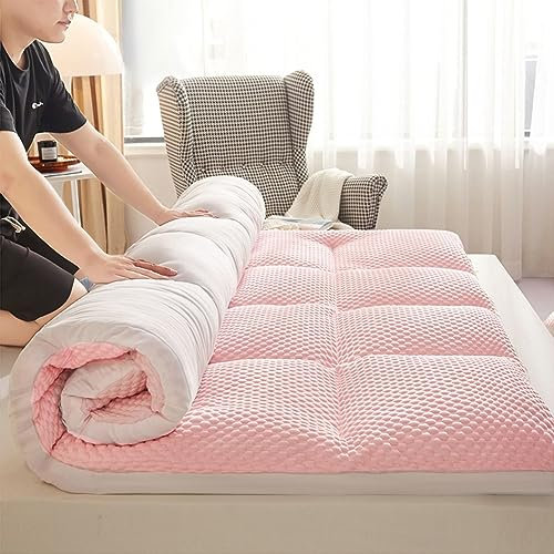 Matelas de sol japonais épais doux portable - Matelas futon pliable - Pour lit de 2 et 1 place - Rose - 180 x 200 cm