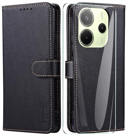 SMYTU Hülle Kompatibel für Xiaomi Redmi Note 14 4G Handyhülle mit Schutzfolie, Flip PU Lederhülle Book Case Magnetverschluss Ständer Schutzhülle - Schwarz