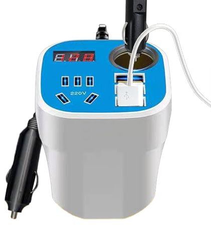 Car Converter, LED Display Car Mounted Cup Inverter 2.76 x 2.2 x 3.03 inches, 12V/24V to 220V, 200W QC 3.0 Fast Charger, Outlet Adapter for Cars and Trucks