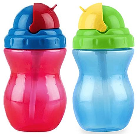 FNX 2 x Nuby No Spill Flip It 300ml Soft Silicone Straw, BPA Free, Leakproof Baby Bottle & Cup for Baby, Child & Toddler for Drinking Juice, Milk & Water - 12+ Months [Red & Blue]