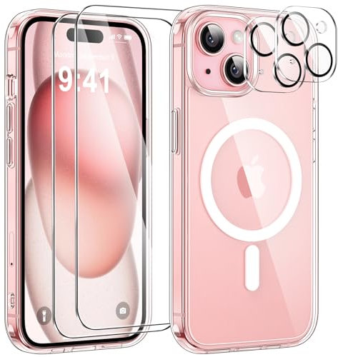 YisrLery Magnétique Coque pour iPhone 15 avec 2 Verres Trempés et 2 Caméra Protecteur, Compatible MagSafe Dos Anti Rayures Coque Antichoc TPU Bumper Coque iPhone 15 6,1’’-Transparent