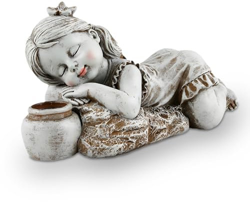 Syfunlv Liegende Kind Skulptur,Solarleuchten Jungen Statue,LED Licht Mädchen Figurine,Wetterfest Mädchen Figur für Balkon Garten,Jungen Dekoration aus Harz,12,5cm,für Außenbereich Terrasse (Stil 2)