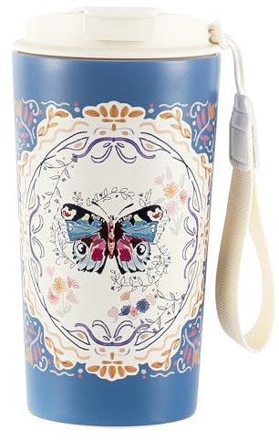 Animal Print Insulated Travel Mug 500ml, Ceramic‑Lined Stainless Steel Coffee Cup, Leakproof Lid with Sip Spout & Straw, Anti‑Slip Base, Carry Lanyard, Hot Cold Reusable Cup,Butterfly