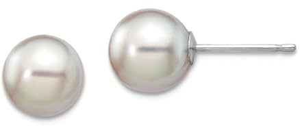 14 Karat Weißgold, 7, 8 mm, rund, grau, Salzwasser, Akoya-Ohrringe, Ohrstecker für Damen