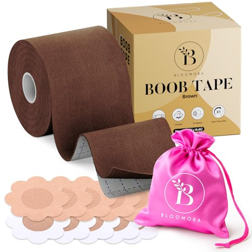 BLOOMORA Boob Tape - Remonte Sein Adhesif - Cache Teton Silicone Réutilisable - Bande Adhesive Poitrine généreuse - Scotch Poitrine Femme Invisible - Body Tape Brun - & Nombreux Accessoires