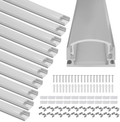 Monucep Aluminium Profil 10 X 1m U-Form LED-Profil mit Abdeckung, Endkappen und Montageclips, Led Schiene LED-Kanal für LED Streifen