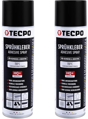 TECPO 1K Sprühkleber 2x 500ml Spray Kleber für Schaumstoff, Wolkenhimmel und Akustikpaneele Klebespray transparent bis 110°C Hitzebeständig
