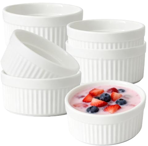 230 ml Crema Brulee Ciotole 6 pezzi, 10 × 4,8 cm, resistenti al forno, in ceramica, per dolci, muffin, torte, bianco
