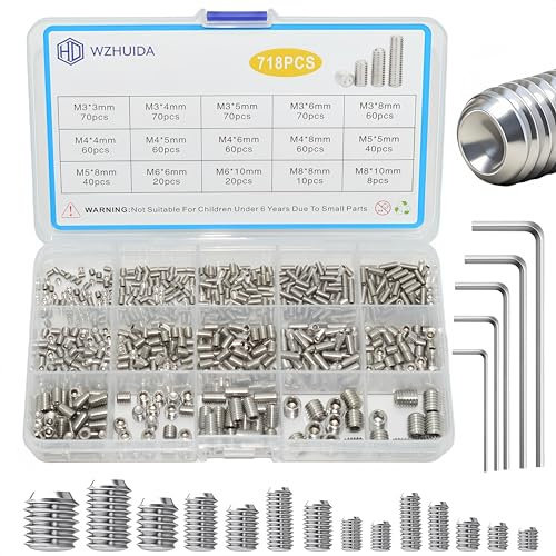 WZHUIDA 718 Stück Madenschrauben Sortiment Set, M3 M4 M5 M6 M8 Edelstahl Sechskantkopf Schrauben mit Schraubenschlüssel für Türklinke, Wasserhahn