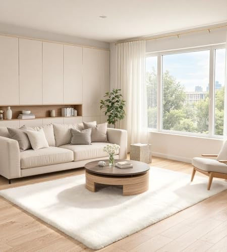 ROHATIM Teppich 120x180 cm Creme, Flauschiger Kunstfell Teppich in Kaninchenfell-Optik, Ultraweich & rutschfest, Waschbares Deko-Fell für Wohnzimmer und Schlafzimmer