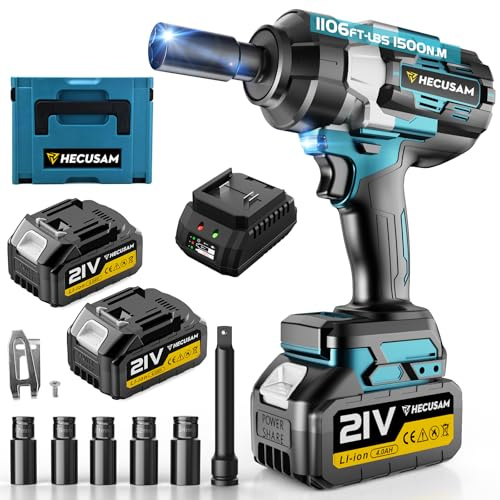 HECUSAM 1500Nm Clé à Chocs Sans Fil Brushless vec Deux Batteries 4,0 Ah, 5 Douilles à Chocs, 1/2 Boulonneuse à Choc Électrique 21 V pour Voiture Familiale/Camionnette/Tondeuse