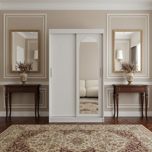 Clothing Estates SELFIE 120 Sliding Door Wardrobe for Modern Bedrooms, 120cm Wide Large Storage Unit with Internal Shelves and Rail White with Drawers