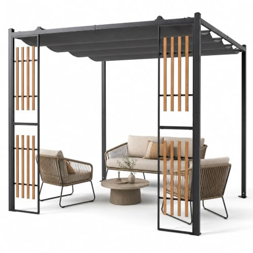 GOPLUS 2,32x2,32 M Pérgola de Jardín con Techo Retráctil y Pantallas | Cenador Cuadrado para Exteriores con Laterales Ajust, Lona de Poliéster, Estructura Metálica, Pabellón para Terraza, Gris
