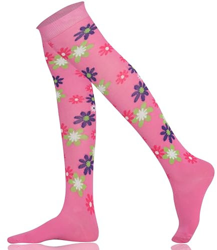 Mysocks Cuisse Haute Chaussettes Femme Fleur Fleurs violettes de chaux rose