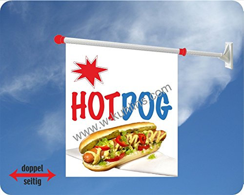 Werbeflagge, Werbefahne, Imbissflagge, Imbissfahne- Currywurst, Bratwurst, Pommes - Ideal für Imbiss, Grill, Restaurant oder Kirmes, versch. Varianten, weiß (Hot Dog)