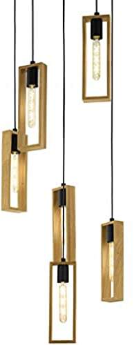 EGLO Pendellampe Littleton, 6 flammige Vintage Pendelleuchte im Industrial Design, Retro Hängelampe aus Stahl und Holz, Farbe: Schwarz, braun, Fassung: E27