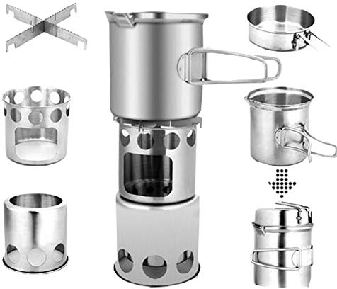 Rengzun Camping Edelstahl Camping Topf Set Kocher Holzofen+Bratpfanne+Pot Portable Stapelbar Outdoor Picknick Wandern Kochgeschirr Kit
