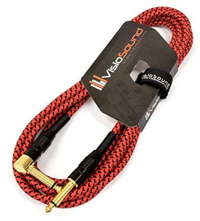 Premium Tweed Guitar Bass Lead / 6.35mm 1/4 Angled Jack/Vintage Braided Instrument Cable (Red/Black, 5m)
