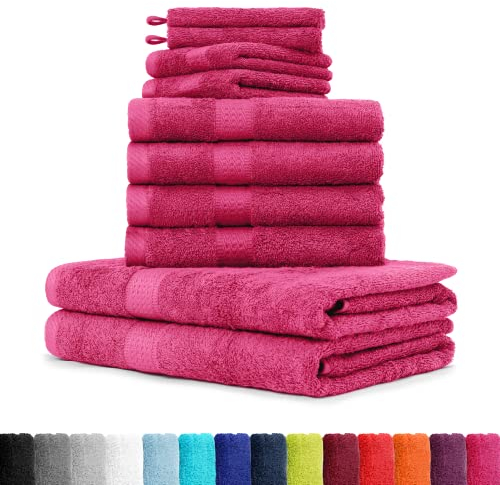 BaSaTex - 10er Pack Handtuch Komplett-Set - Frottee-Handtücher mit Aufhängeschlaufe 4X Handtuch, 2X Duschtuch, 2X Gästetuch, 2X Waschhandschuh Öko-Tex Made in Green Zertifiziert - Magenta
