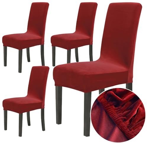 Chickw1 Stuhlhussen 4er Set Samt Stuhlhussen für Schwingstühle, Esszimmerstühle Hussen Für Hochzeit, Hotel, Küche, Bankett, Partys Stretch Stuhlhussen (4er,Wein rot)