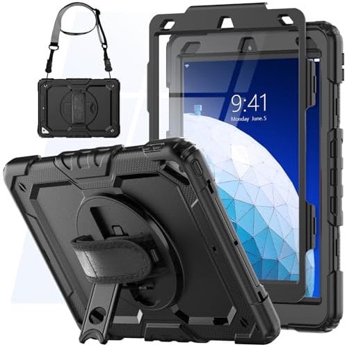 SEYMCY Case for iPad Air 3rd Generation 2019/ iPad Pro 10.5 inch Case 2017, Full-body Shockproof with Screen Protector, 360° Rotating Hand Strap & Stand, Pencil Holder, Shoulder Strap, Black
