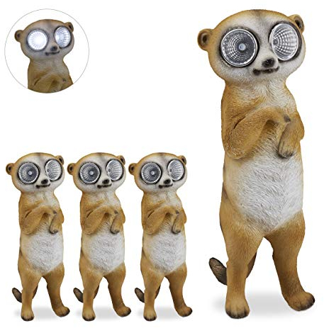 relaxdays 4 x Gartenfigur Erdmännchen, Tierfigur mit LED Solaraugen, Deko für Garten, Balkon, HxBxT 21 x 7,5 x 9,5 cm, beige