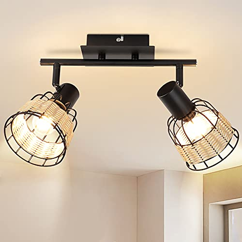 Depuley Deckenstrahler 2 Flammig Rattan, Spotleuchte Schwarz E14, Schwenkbare Deckenleuchte Strahler Retro mit Gewebtem Lampenschirm, Bambus Deckenspot Drehbar für Schalfzimmer Studio Bar