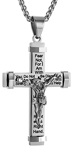 HZMAN Men's Crucifix Stainless Steel Cross Lord's Prayer Pendant Necklace with 20 24 28 Rope Chain (Silver, 22)