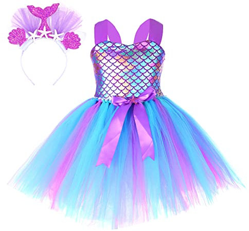 Tante Tina - Costume da principessa, da bambina, con tutù arcobaleno, taglia XL (128), sirena viola