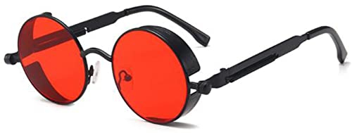 J&L Glasses Retro Sonnenbrille im Steampunk Stil Runde Metallrahmen Polarisiert Brille Herren Damen(schwarz rot)