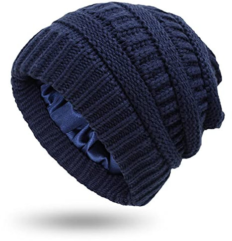 Hcimooy Winter Warm Strickmütze Satin Seide gefüttert Zopfmuster Beanie Chunky Slouchy Skull Cap für Damen