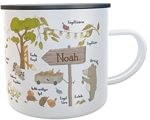 Kilala Emailletasse Waldtiere mit Namen Kinderbecher Natur Waldbewohner Fuchs Waschbär Waldkindergarten Geschenk Mädchen Junge (Waldtiere Emaille)