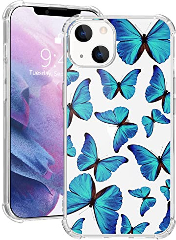 MAYCARI Blue Butterfly Case for iPhone 14 Pro 6.1 Inch, Clear Case with Shockproof Transparent TPU Bumper
